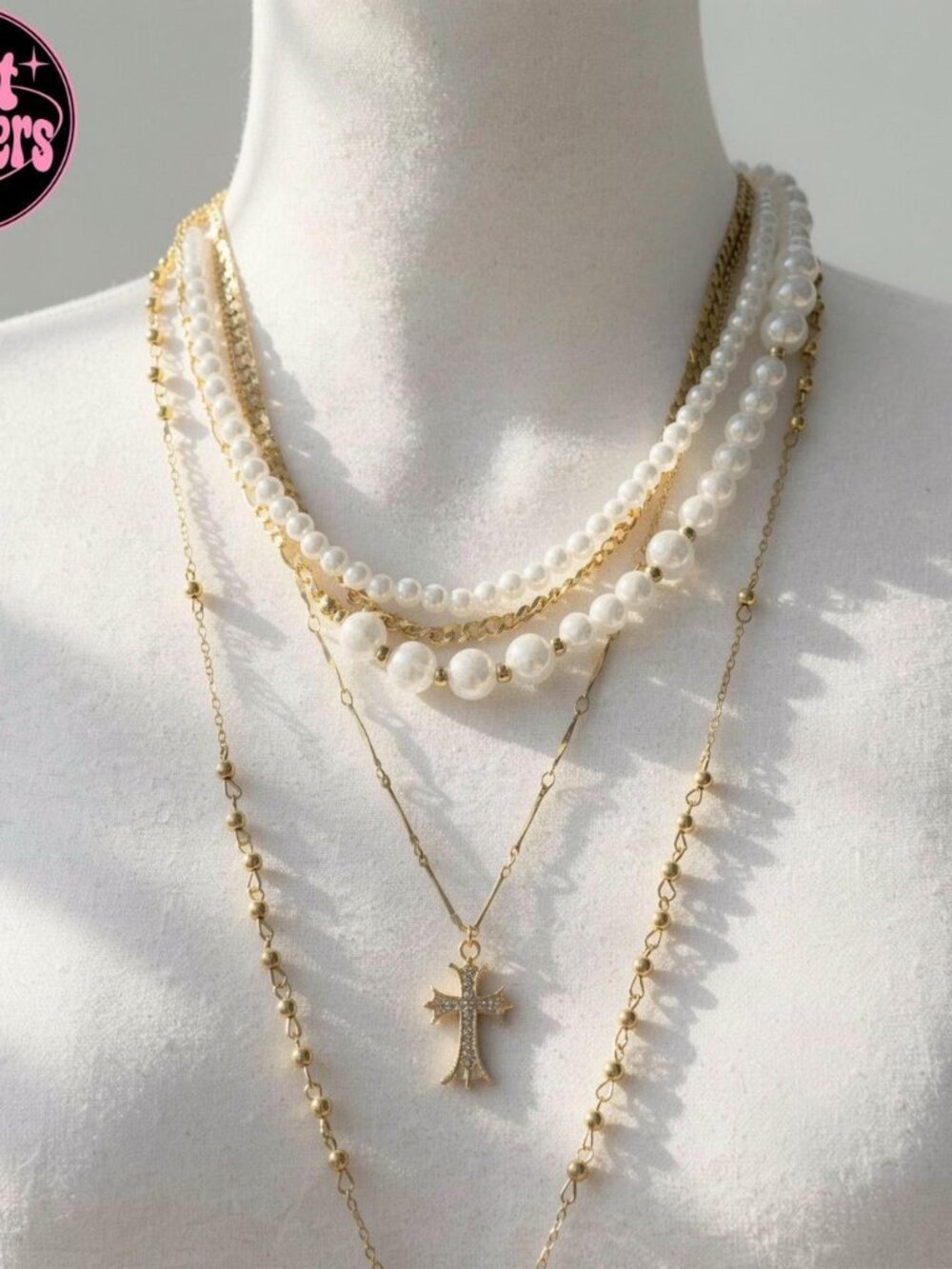Y2K 2000s style 5pcs set Gold and white pearl cross necklace